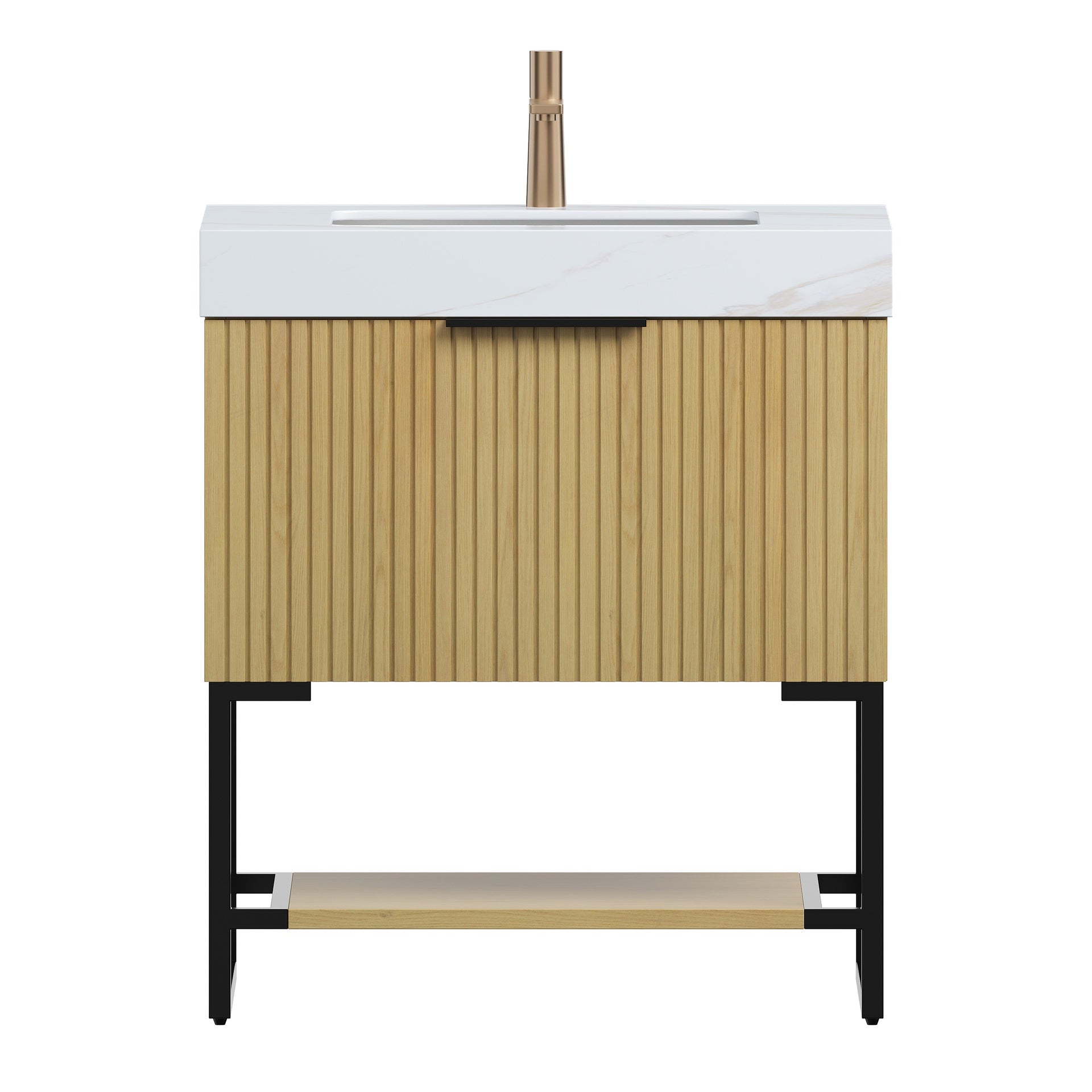 YOLAN 30" Bathroom Vanity&Sink, Freestanding Striped Plywood Storage Cabinet with Drawer&Open Shelf, Calacatta Gold Sintered Stone Top&Undermount Ceramic Basin, Pre-assembled, Corolla Oak Woodgrain