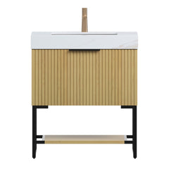 YOLAN 30" Bathroom Vanity&Sink, Freestanding Striped Plywood Storage Cabinet with Drawer&Open Shelf, Calacatta Gold Sintered Stone Top&Undermount Ceramic Basin, Pre-assembled, Corolla Oak Woodgrain