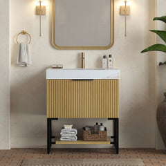 YOLAN 30" Bathroom Vanity&Sink, Freestanding Striped Plywood Storage Cabinet with Drawer&Open Shelf, Calacatta Gold Sintered Stone Top&Undermount Ceramic Basin, Pre-assembled, Corolla Oak Woodgrain