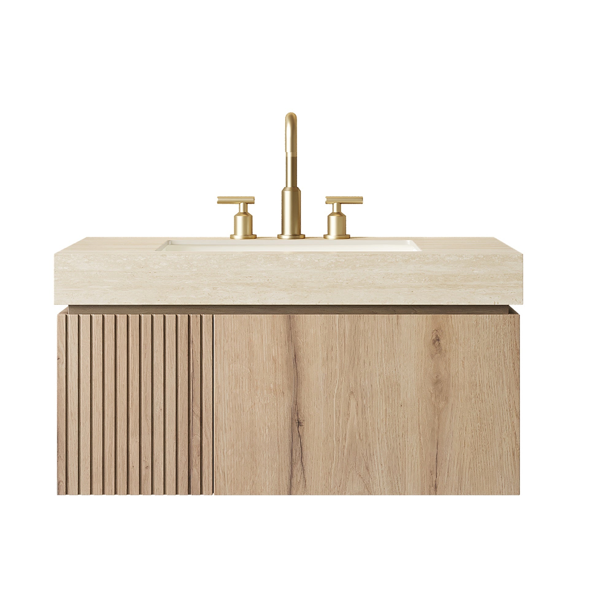 MURI 36" Bathroom Vanity&Sink, Floating Plywood Storage Cabinet with Drawer&Door, Roma Travertine Sintered Stone Top&Ceramic Basin with 3 Pre-drilled Faucet Holes, Pre-assembled, White Oak Woodgrain