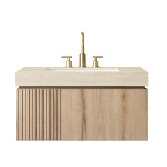 MURI 36" Bathroom Vanity&Sink, Floating Plywood Storage Cabinet with Drawer&Door, Roma Travertine Sintered Stone Top&Ceramic Basin with 3 Pre-drilled Faucet Holes, Pre-assembled, White Oak Woodgrain
