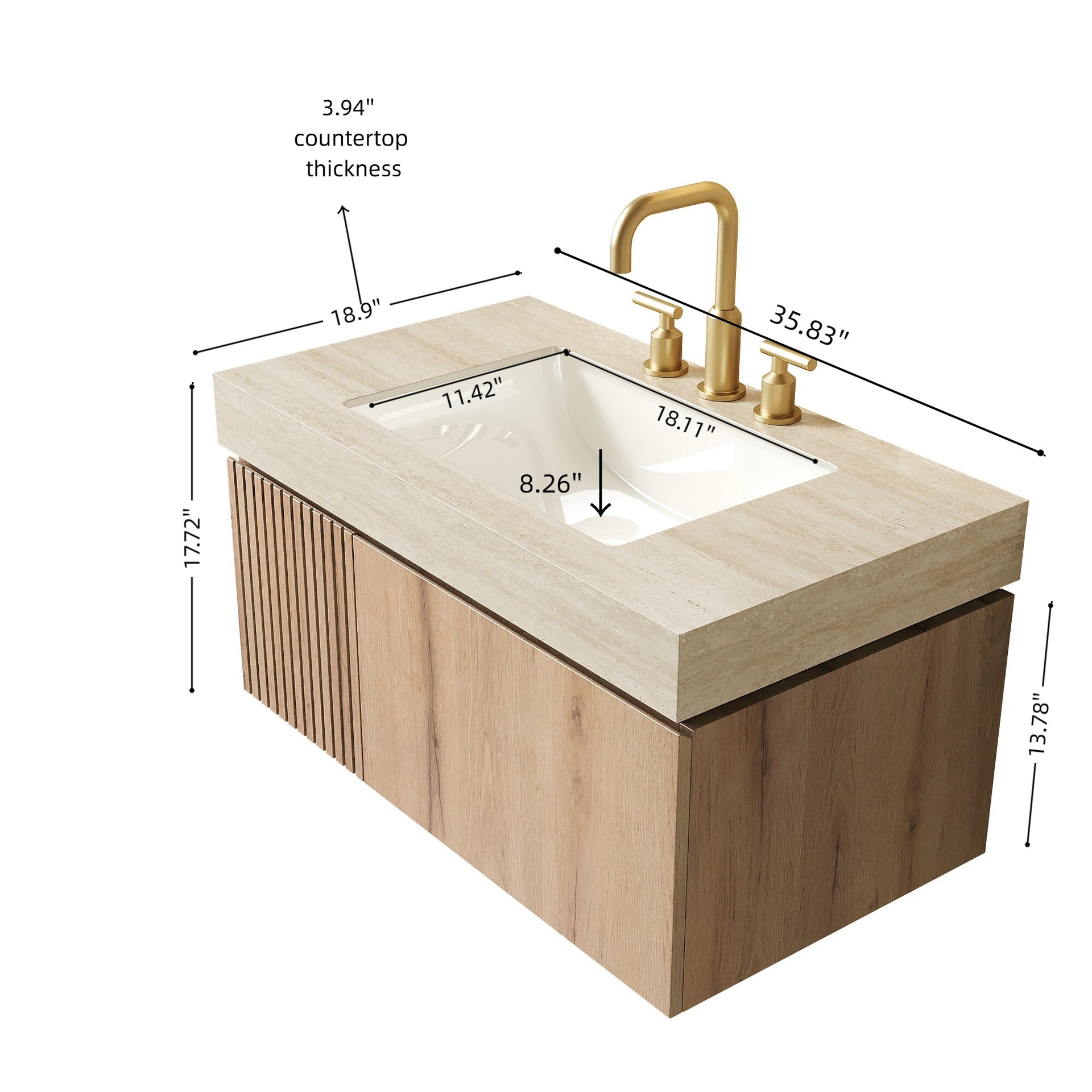 MURI 36" Bathroom Vanity&Sink, Floating Plywood Storage Cabinet with Drawer&Door, Roma Travertine Sintered Stone Top&Ceramic Basin with 3 Pre-drilled Faucet Holes, Pre-assembled, White Oak Woodgrain