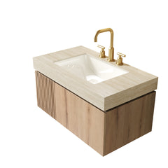 MURI 36" Bathroom Vanity&Sink, Floating Plywood Storage Cabinet with Drawer&Door, Roma Travertine Sintered Stone Top&Ceramic Basin with 3 Pre-drilled Faucet Holes, Pre-assembled, White Oak Woodgrain