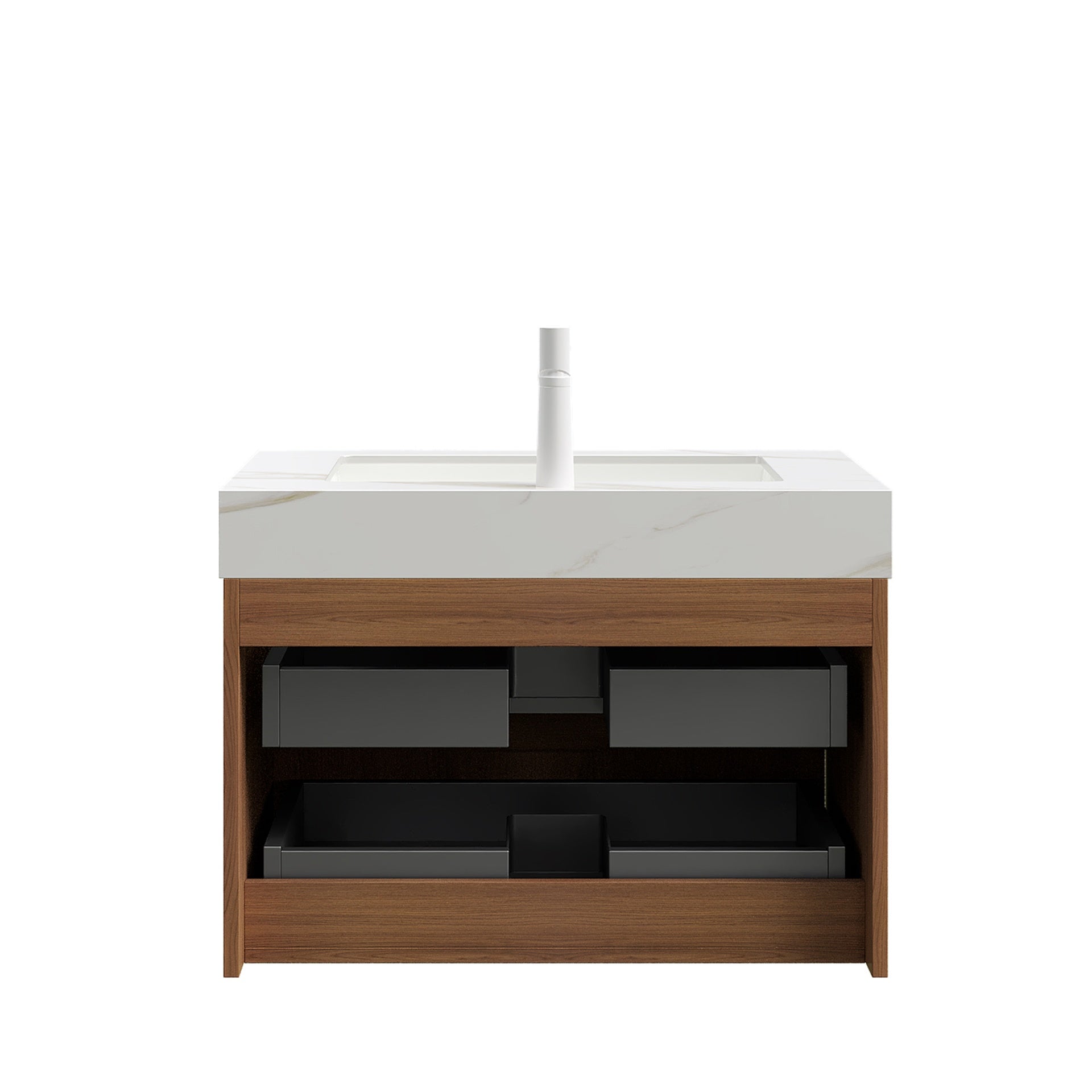 TILLEY 30" Bathroom Vanity&Sink, Wall-Mounted Stripe Plywood Storage Cabinet with 2 Drawers, Calacatta Gold Sintered Stone Top with Ceramic Undermount Basin, Pre-assembled, Brown Oak Woodgrain Color