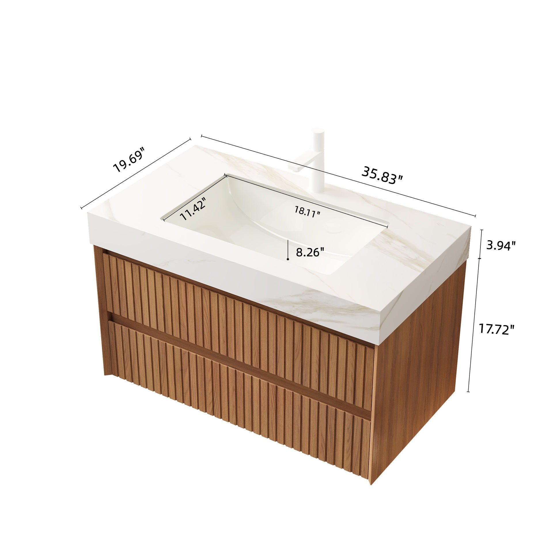 TILLEY 30" Bathroom Vanity&Sink, Wall-Mounted Stripe Plywood Storage Cabinet with 2 Drawers, Calacatta Gold Sintered Stone Top with Ceramic Undermount Basin, Pre-assembled, Brown Oak Woodgrain Color