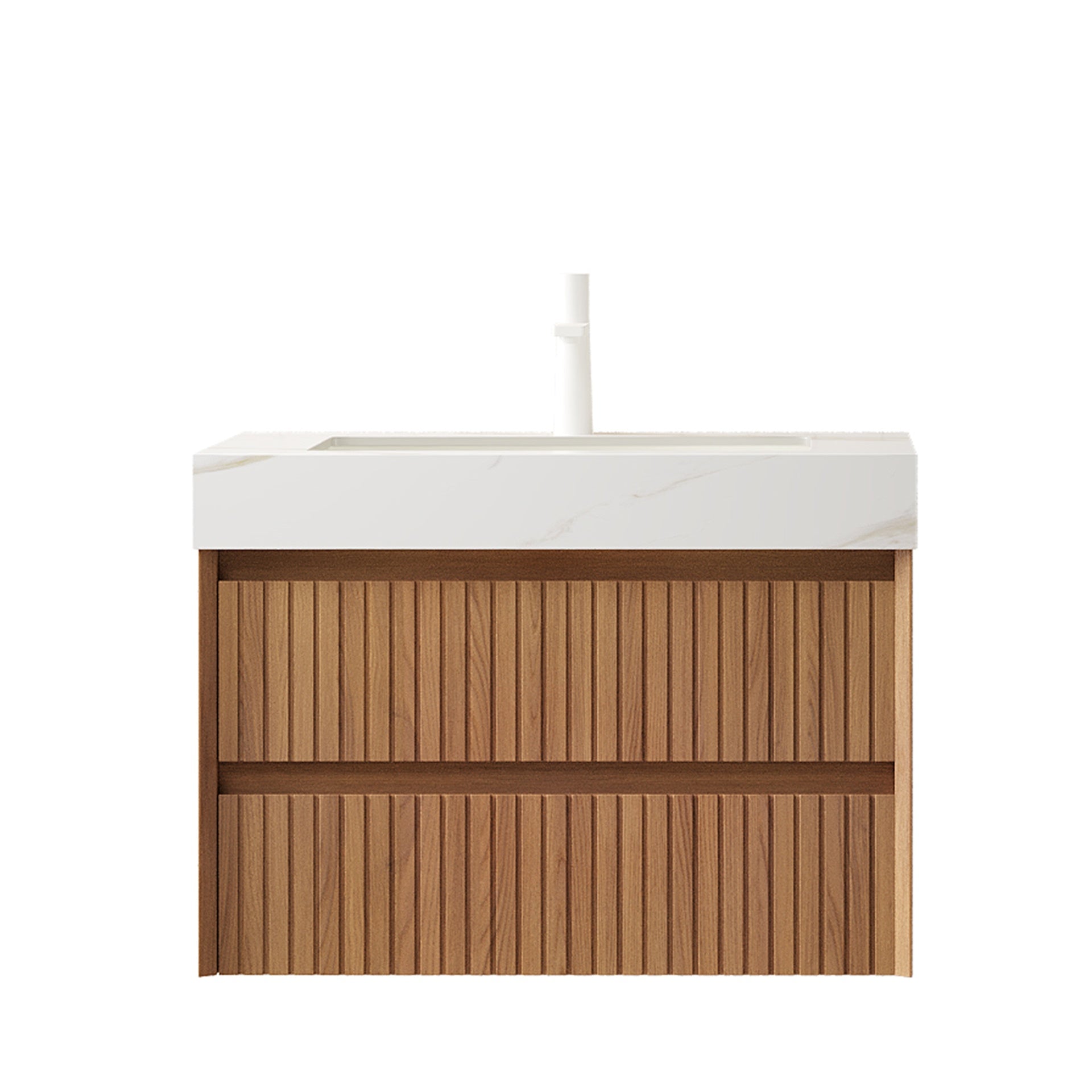 TILLEY 30" Bathroom Vanity&Sink, Wall-Mounted Stripe Plywood Storage Cabinet with 2 Drawers, Calacatta Gold Sintered Stone Top with Ceramic Undermount Basin, Pre-assembled, Brown Oak Woodgrain Color