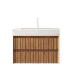 TILLEY 30" Bathroom Vanity&Sink, Wall-Mounted Stripe Plywood Storage Cabinet with 2 Drawers, Calacatta Gold Sintered Stone Top with Ceramic Undermount Basin, Pre-assembled, Brown Oak Woodgrain Color