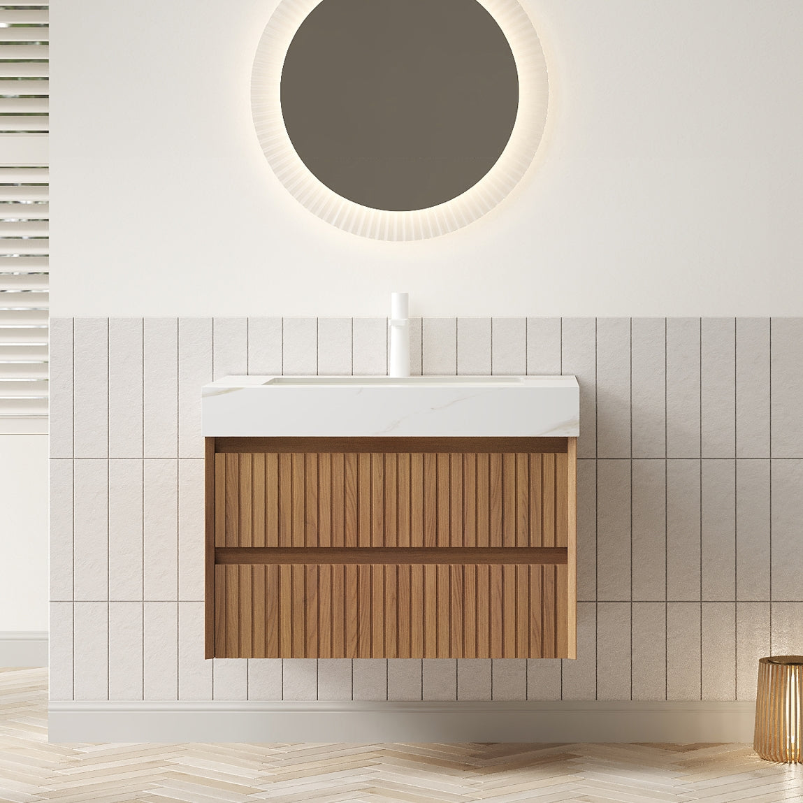 TILLEY 30" Bathroom Vanity&Sink, Wall-Mounted Stripe Plywood Storage Cabinet with 2 Drawers, Calacatta Gold Sintered Stone Top with Ceramic Undermount Basin, Pre-assembled, Brown Oak Woodgrain Color