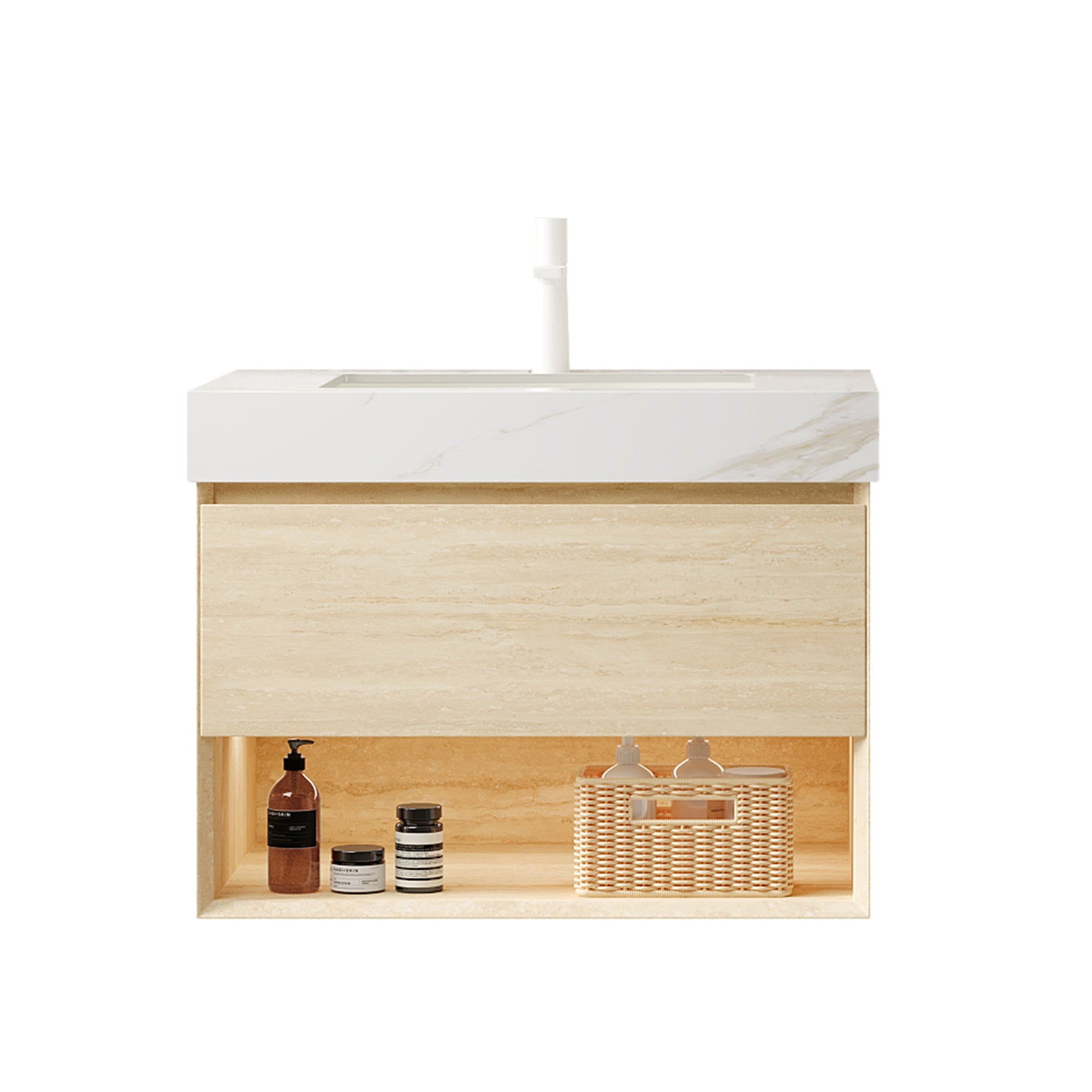 FRIGGA 30" Bathroom Vanity&Sink, Floating Plywood Storage Cabinet, Drawer&Shelf with Sensor Light, Ceramic Undermount Basin&Calacatta Gold Sintered Stone Top, Pre-assembled, Travertine Texture Finish