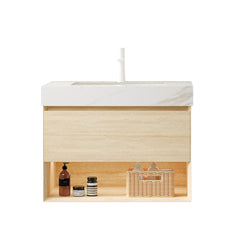 FRIGGA 30" Bathroom Vanity&Sink, Floating Plywood Storage Cabinet, Drawer&Shelf with Sensor Light, Ceramic Undermount Basin&Calacatta Gold Sintered Stone Top, Pre-assembled, Travertine Texture Finish