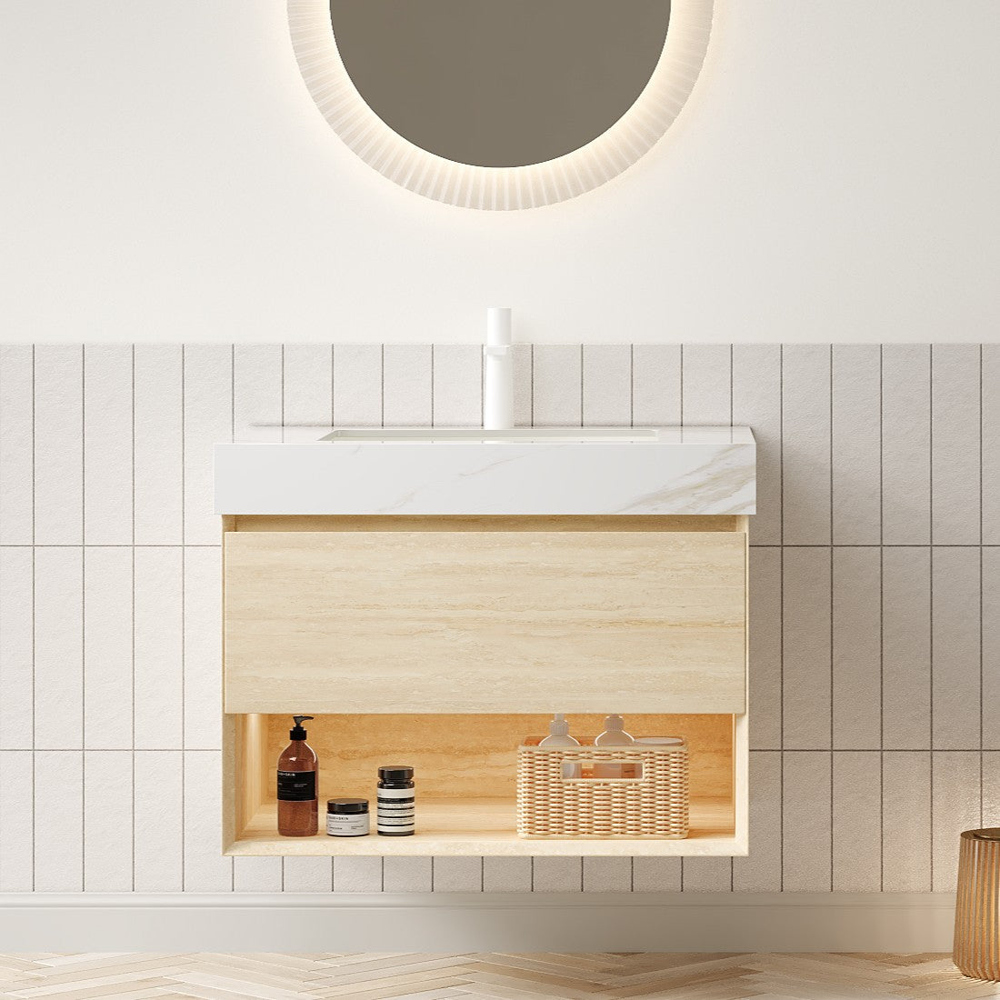 FRIGGA 30" Bathroom Vanity&Sink, Floating Plywood Storage Cabinet, Drawer&Shelf with Sensor Light, Ceramic Undermount Basin&Calacatta Gold Sintered Stone Top, Pre-assembled, Travertine Texture Finish