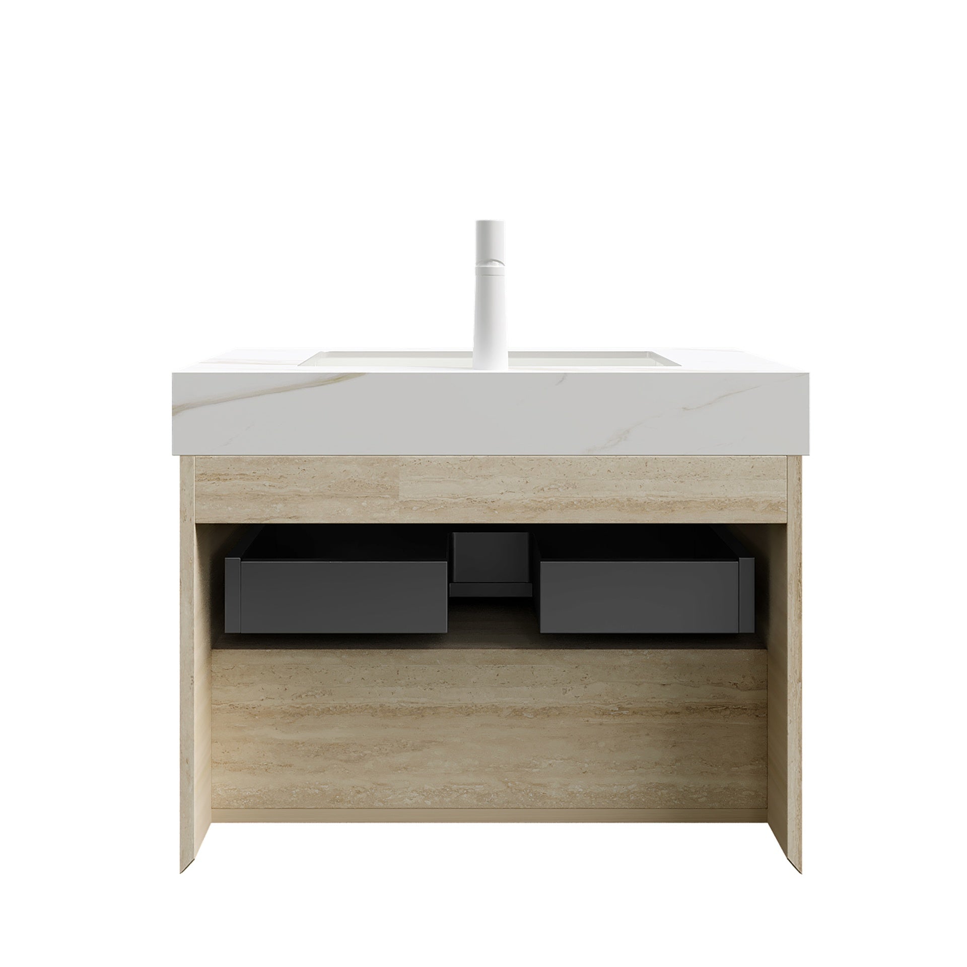 FRIGGA 30" Bathroom Vanity&Sink, Floating Plywood Storage Cabinet, Drawer&Shelf with Sensor Light, Ceramic Undermount Basin&Calacatta Gold Sintered Stone Top, Pre-assembled, Travertine Texture Finish