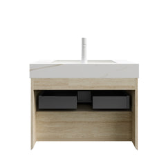 FRIGGA 30" Bathroom Vanity&Sink, Floating Plywood Storage Cabinet, Drawer&Shelf with Sensor Light, Ceramic Undermount Basin&Calacatta Gold Sintered Stone Top, Pre-assembled, Travertine Texture Finish