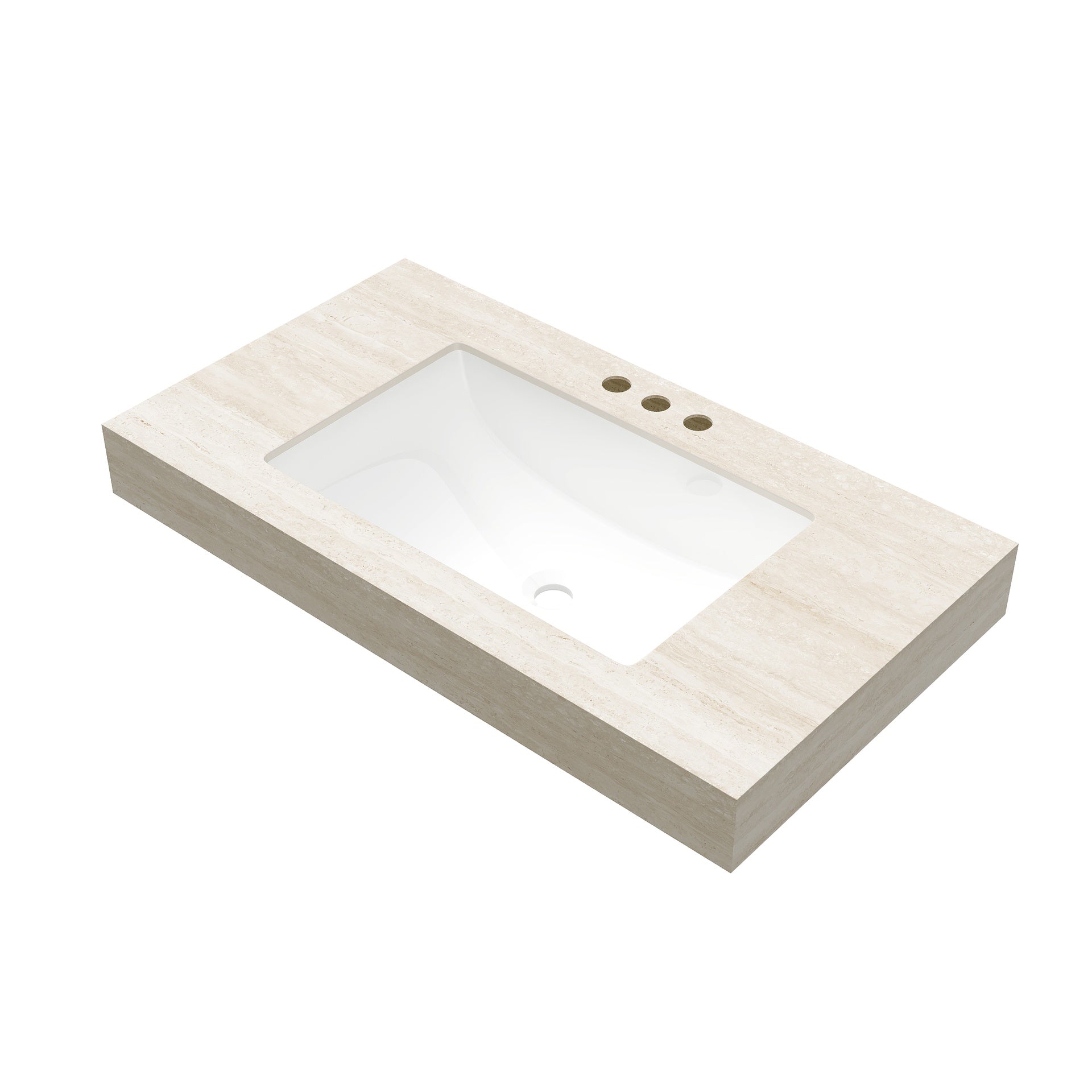 36" MURI Roma Travertine-Pattern Sintered Stone Countertop and Undermount Ceramic Basin with Three Standard Pre-drilled Faucet Holes, NO Cabinet, NO Faucet and Sink Cover