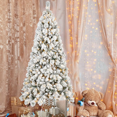 4FT Flocked Christmas Tree with 150 Warm White LED Lights – 350Tips, Snowy PVC & Hard Needle Branches, Hinged Design for Easy Setup, Sturdy Metal Stand – Full & Realistic Holiday Tree