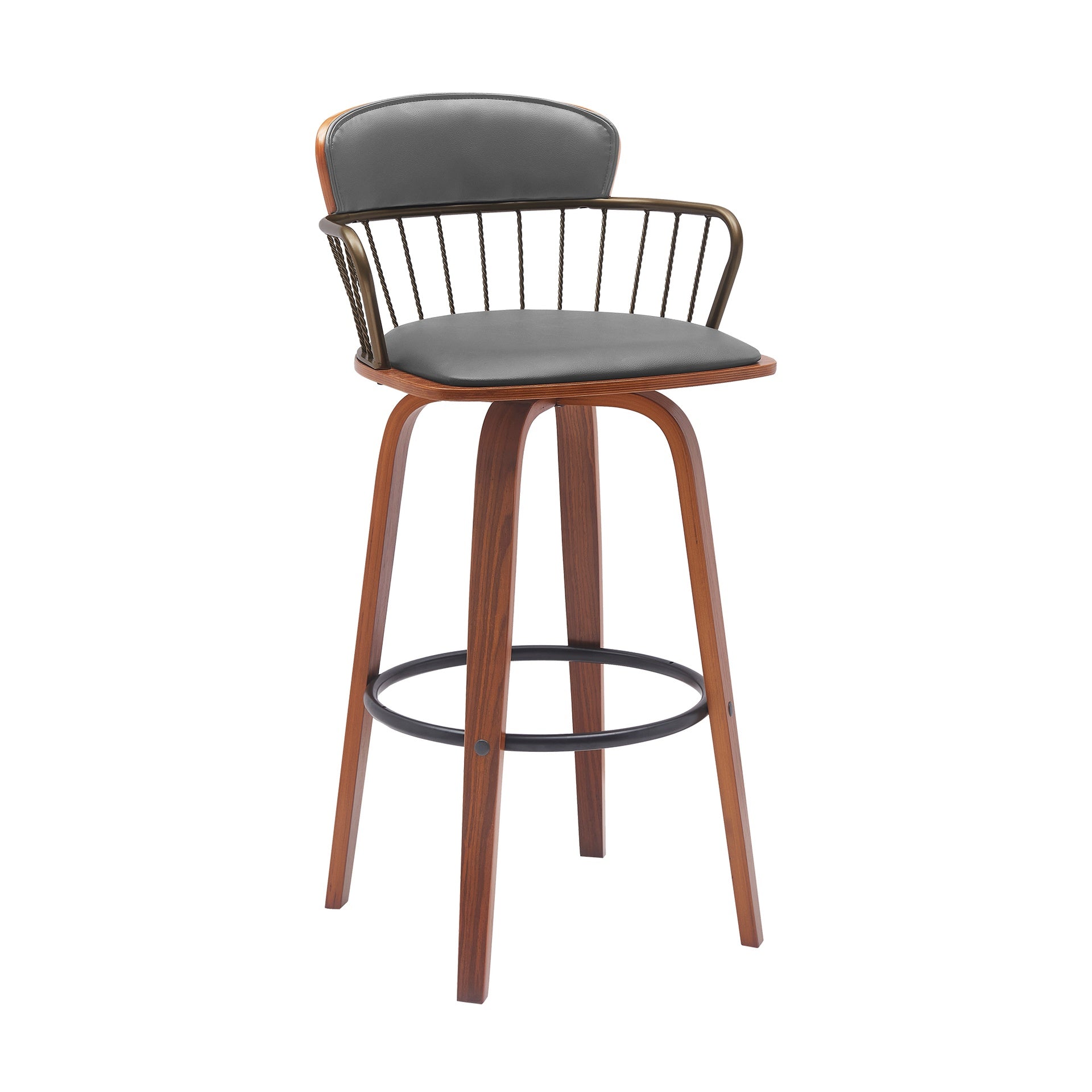 Willow 30" Swivel Walnut Wood Bar Stool in Gray Faux Leather with Golden Bronze Metal
