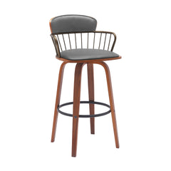 Willow 30" Swivel Walnut Wood Bar Stool in Gray Faux Leather with Golden Bronze Metal