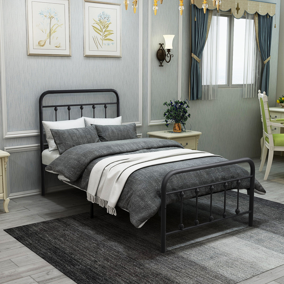 Metal Platform Bed Frame, Victorian Style Headboard/Footboard/Under Bed Storage/No Box Spring Needed/Twin Size Black