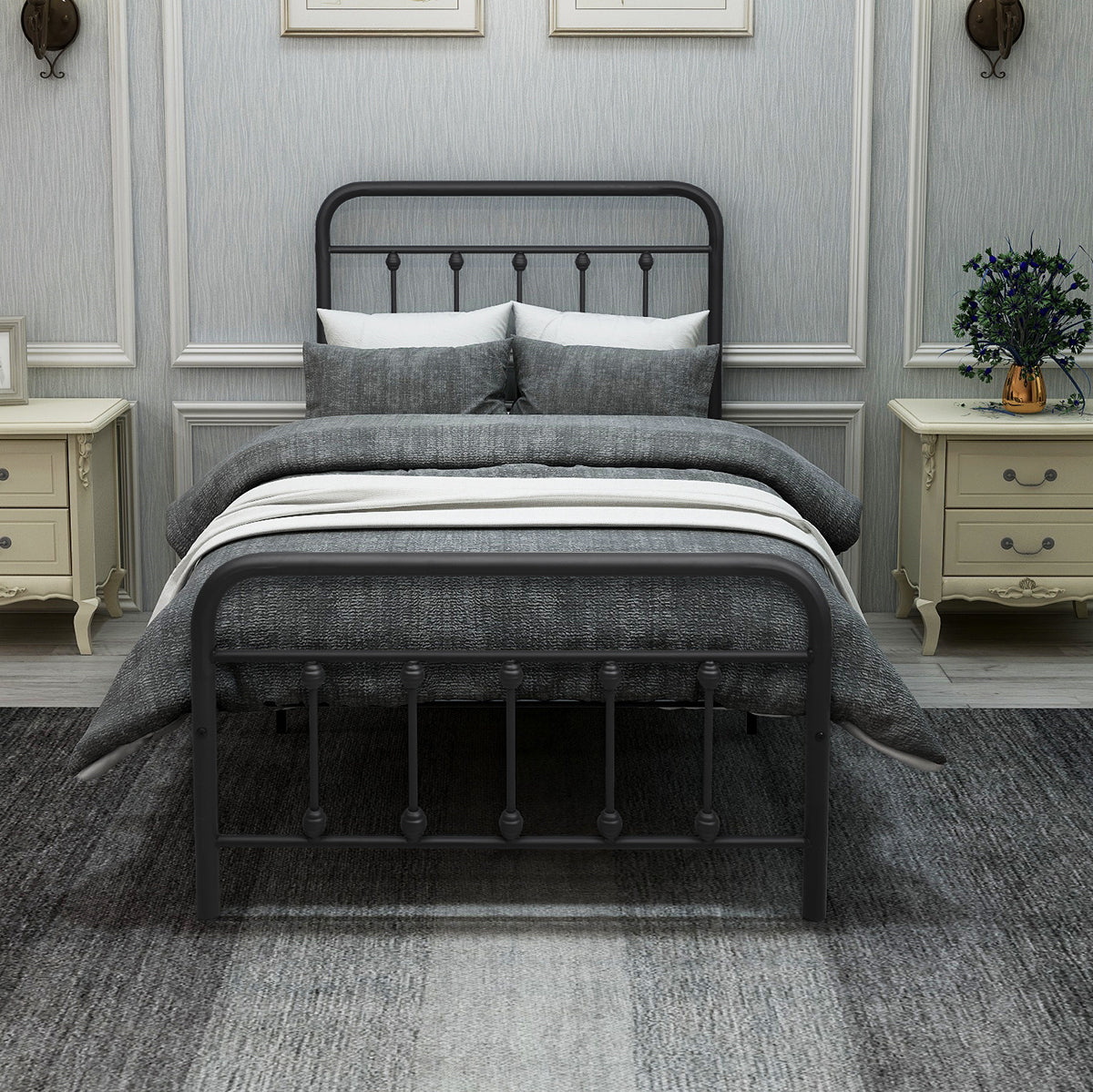 Metal Platform Bed Frame, Victorian Style Headboard/Footboard/Under Bed Storage/No Box Spring Needed/Twin Size Black