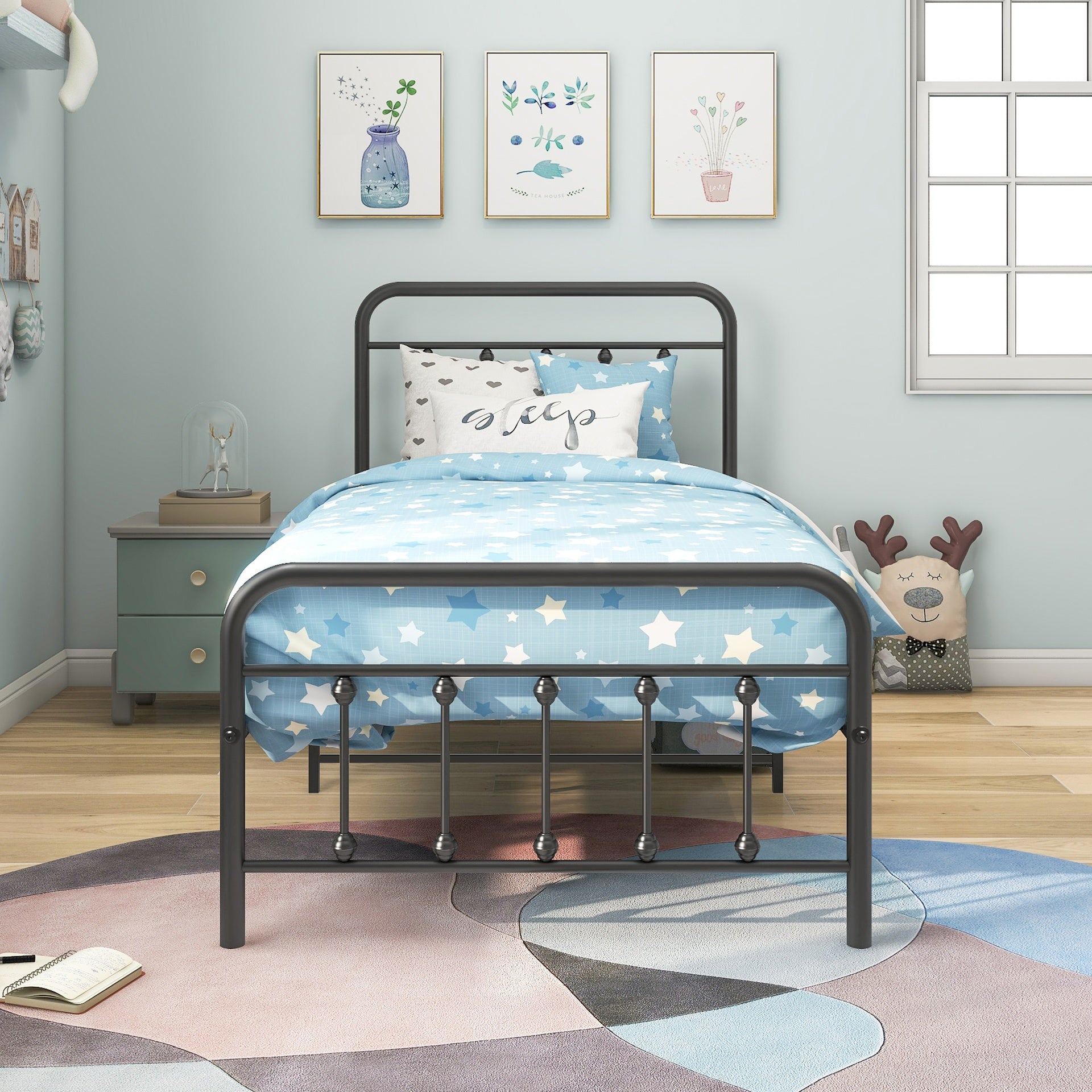 Metal Platform Bed Frame, Victorian Style Headboard/Footboard/Under Bed Storage/No Box Spring Needed/Twin Size Black