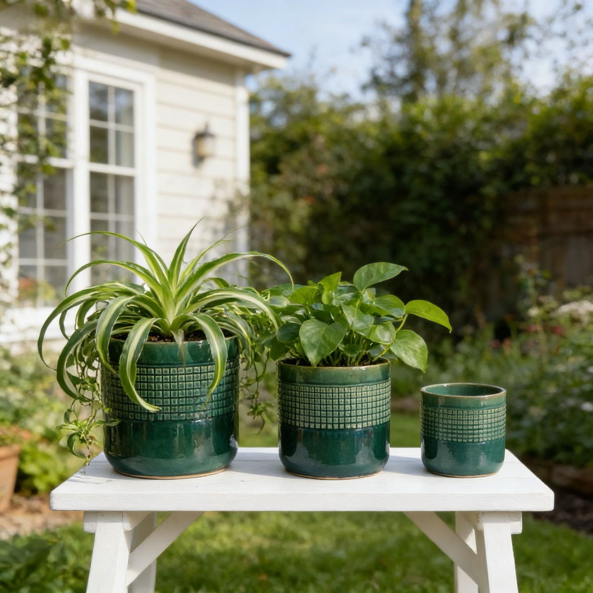 Handmade Green Glazed Ceramic Planter Set of 3, 10" 8" 6" Diameter, Square Grid Pattern, for Succulents & Herbs Indoor/Outdoor Shelf & Table Use, Breathable Clay with Drainage Holes