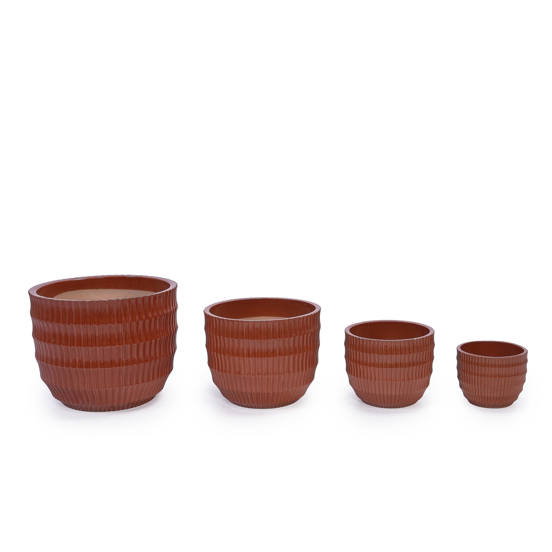 Handmade Solid Glaze Ceramic Planter Set of 4, 7/9/12/14 Inch Diameter, Terra Cotta with Horizontal Grooves, for Herbs & Succulents Outdoor & Indoor Stairs Use, Breathable Clay with Drainage Holes