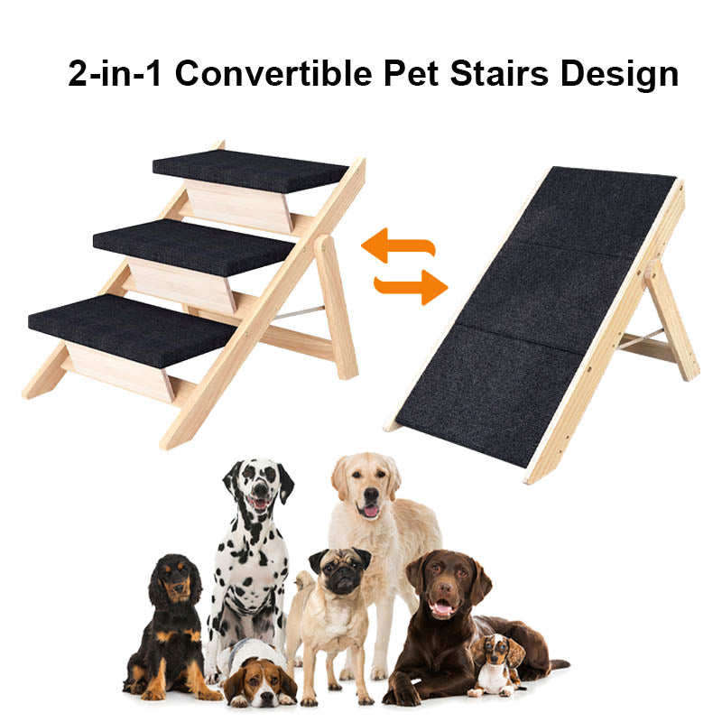 Wooden Pet Stairs/Steps, Medium Dogs Steps for High Beds, Sofa, Couch, Car, 2-in-1 Foldable Wood Dog Ramp with Non-Slip Pads, Safety, Durable Portable Dog/Cat Ladder Up to 150 lbs, 3 Steps