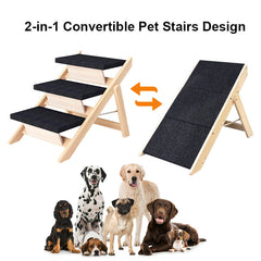 Wooden Pet Stairs/Steps, Medium Dogs Steps for High Beds, Sofa, Couch, Car, 2-in-1 Foldable Wood Dog Ramp with Non-Slip Pads, Safety, Durable Portable Dog/Cat Ladder Up to 150 lbs, 3 Steps