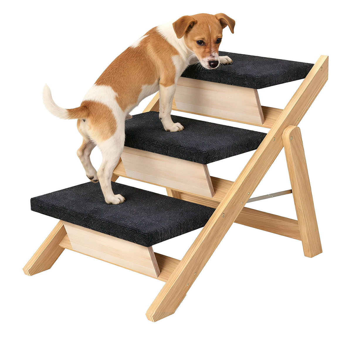 Wooden Pet Stairs/Steps, Medium Dogs Steps for High Beds, Sofa, Couch, Car, 2-in-1 Foldable Wood Dog Ramp with Non-Slip Pads, Safety, Durable Portable Dog/Cat Ladder Up to 150 lbs, 3 Steps