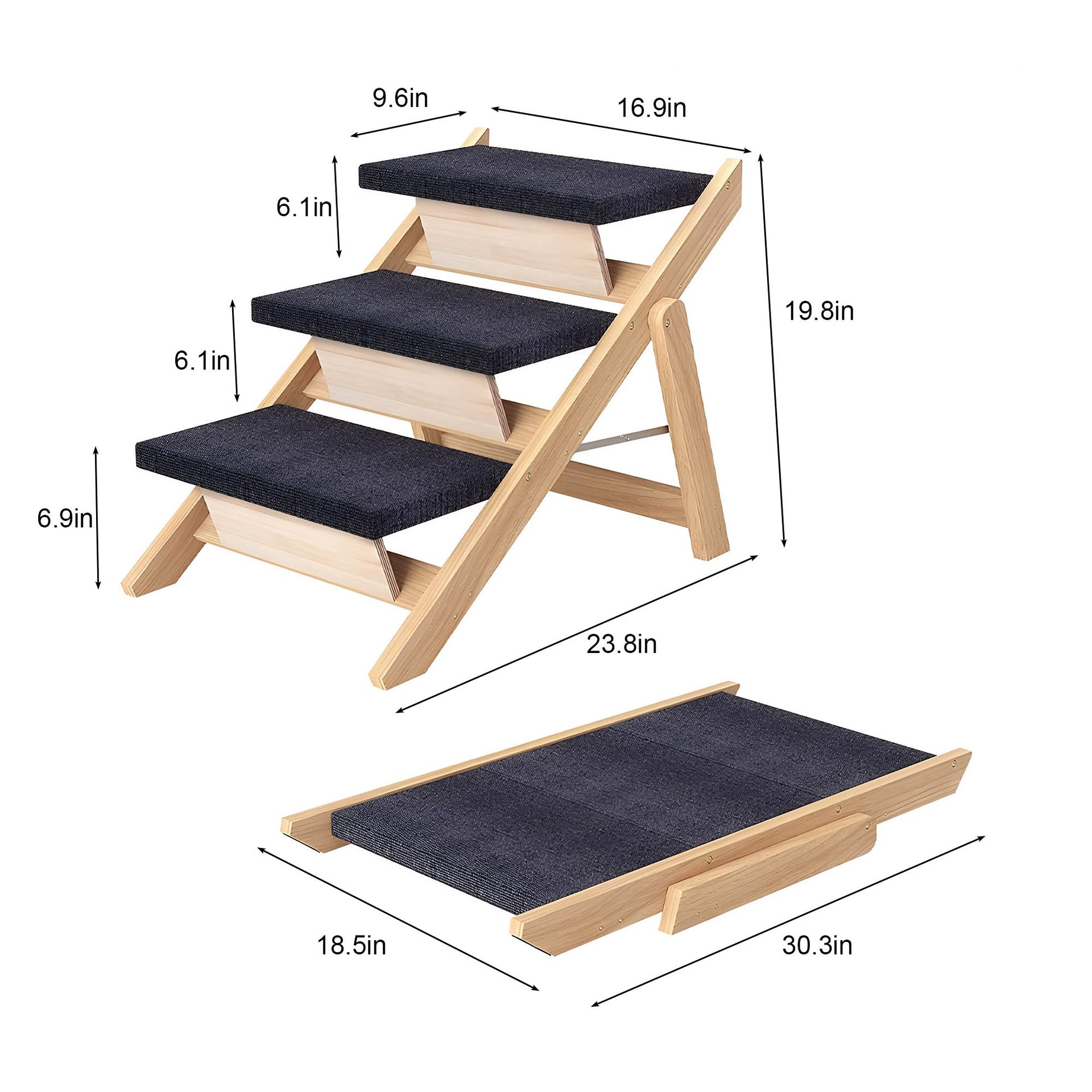 Wooden Pet Stairs/Steps, Medium Dogs Steps for High Beds, Sofa, Couch, Car, 2-in-1 Foldable Wood Dog Ramp with Non-Slip Pads, Safety, Durable Portable Dog/Cat Ladder Up to 150 lbs, 3 Steps