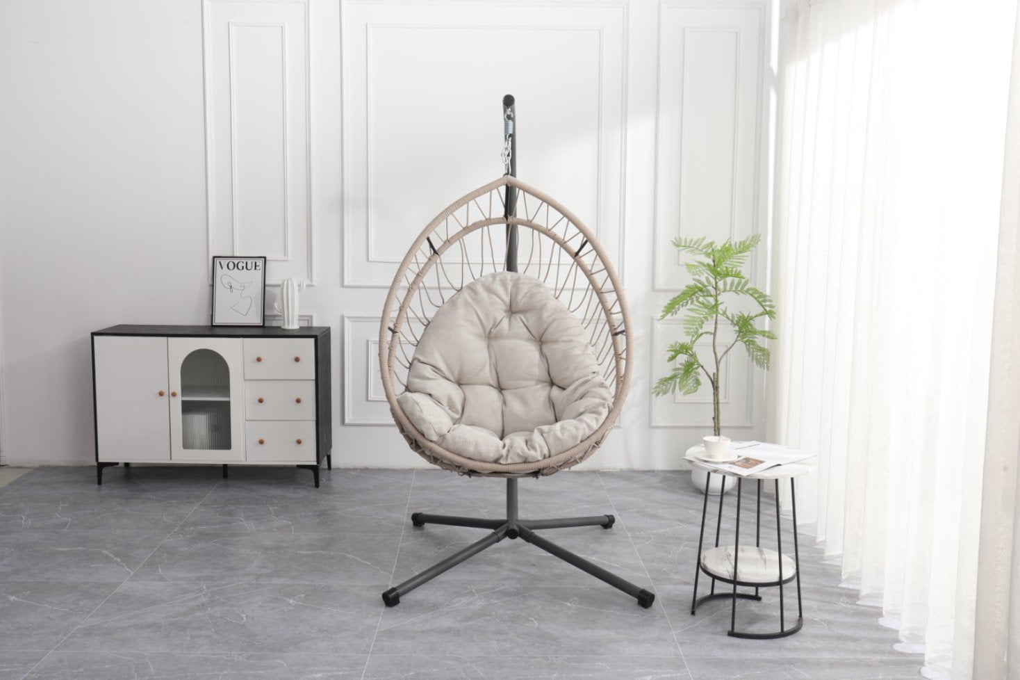 Outdoor egg-shaped hanging chair with stand, patio wicker swing egg-shaped chair, indoor rocking chair, outdoor hammock egg-shaped chair, linen gray