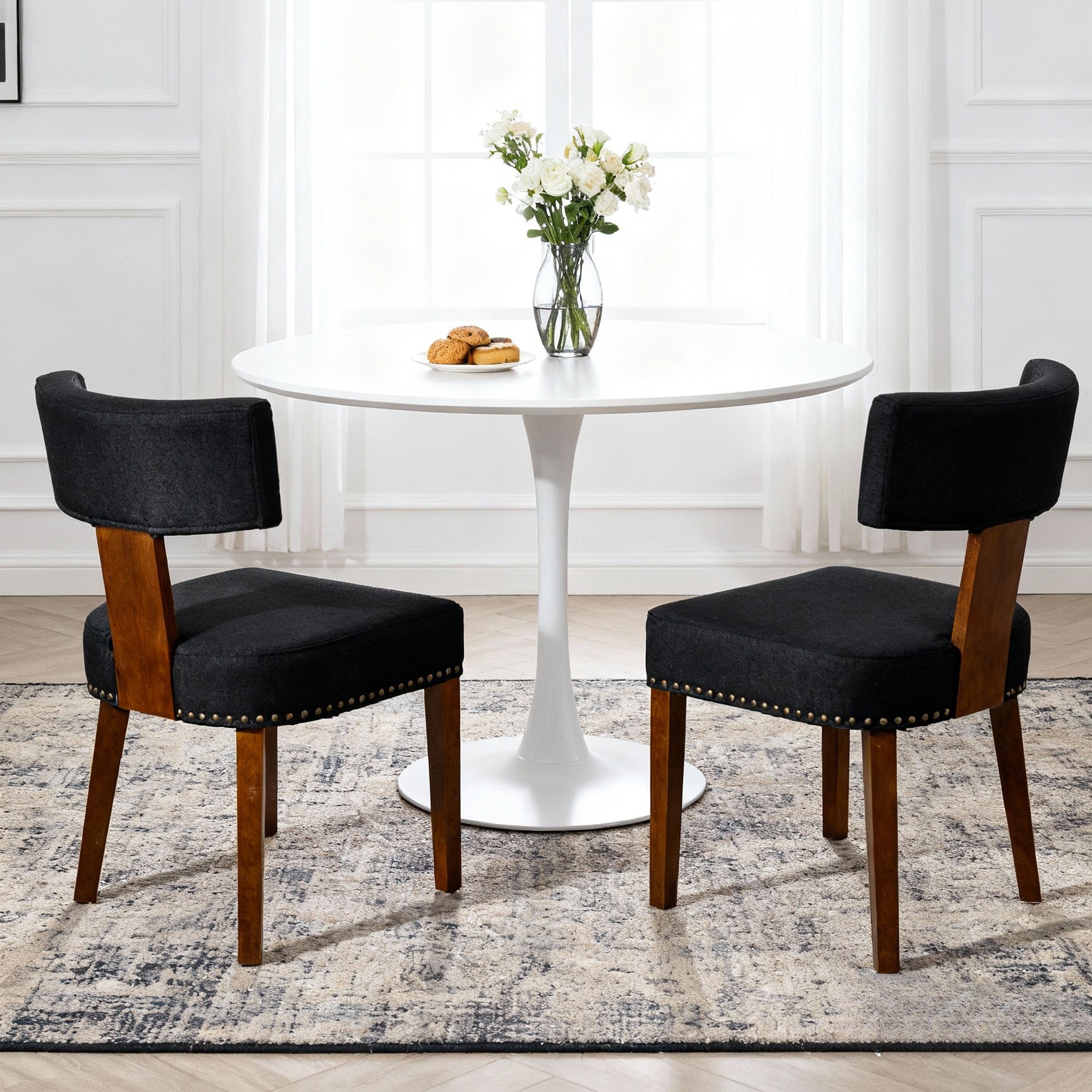 Mid-Century Modern Dining Room Chairs Set of 2, Farmhouse Kitchen Chair with Nailhead Trim & Wood Frame in Dark Rubber  Wood Finish, Black Linen Upholstered