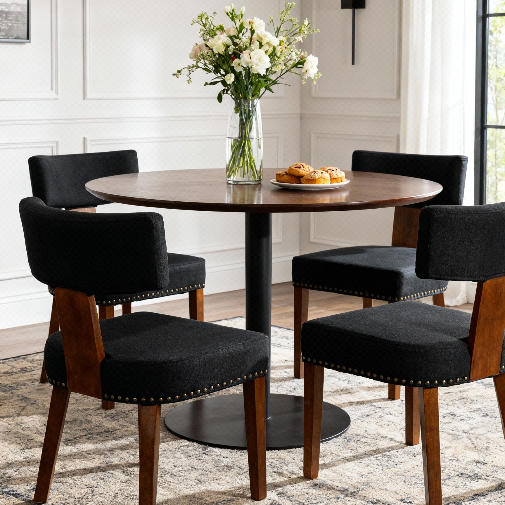 Mid-Century Modern Dining Room Chairs Set of 2, Farmhouse Kitchen Chair with Nailhead Trim & Wood Frame in Dark Rubber  Wood Finish, Black Linen Upholstered