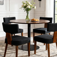 Mid-Century Modern Dining Room Chairs Set of 2, Farmhouse Kitchen Chair with Nailhead Trim & Wood Frame in Dark Rubber  Wood Finish, Black Linen Upholstered