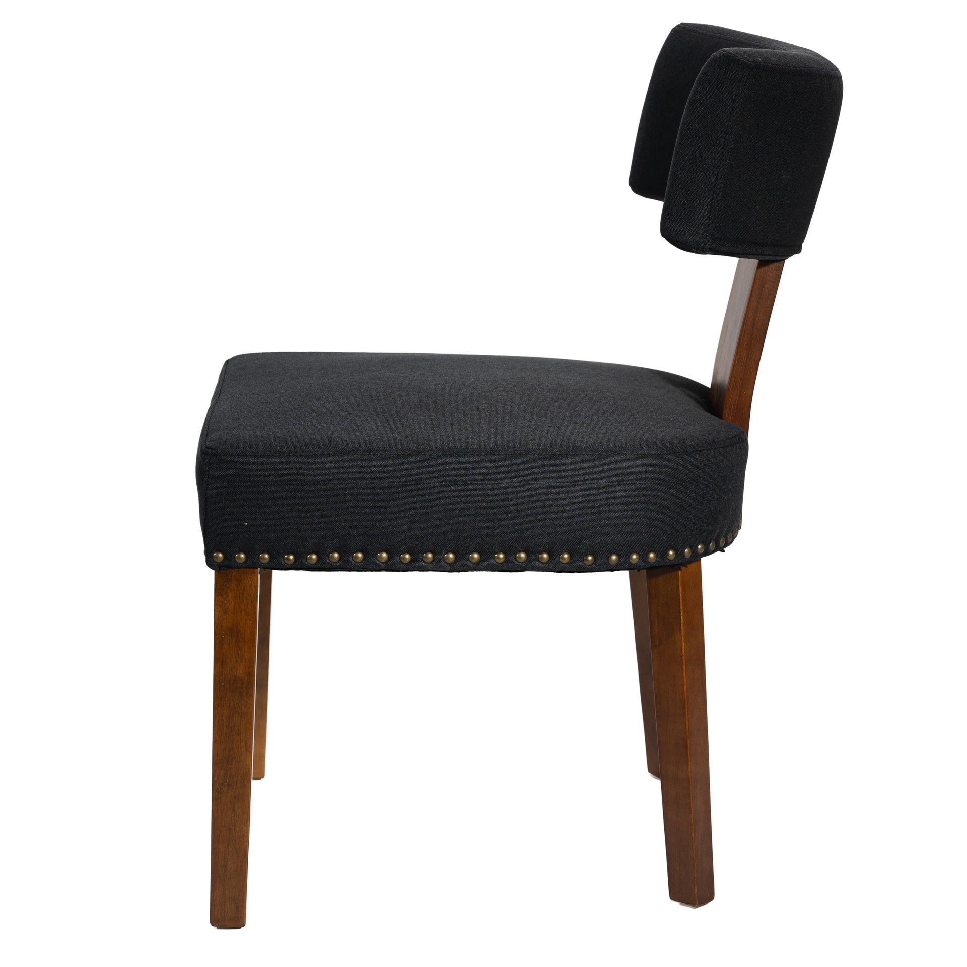 Mid-Century Modern Dining Room Chairs Set of 2, Farmhouse Kitchen Chair with Nailhead Trim & Wood Frame in Dark Rubber  Wood Finish, Black Linen Upholstered