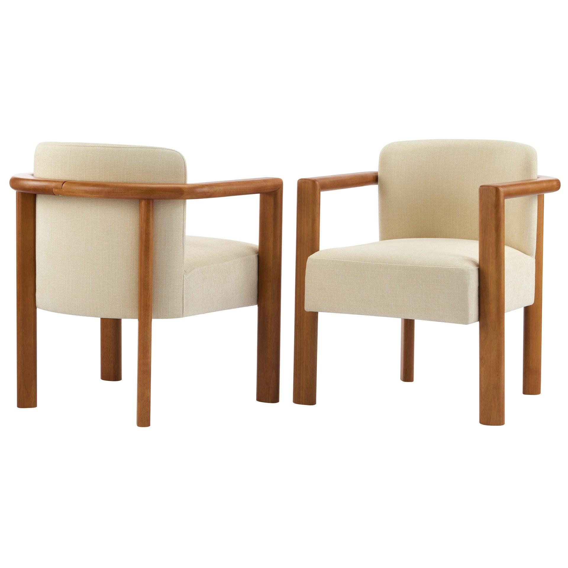 Upholstered Fabric Armchair with Walnut Rubber Wood Frame in Beige (Set of 2)