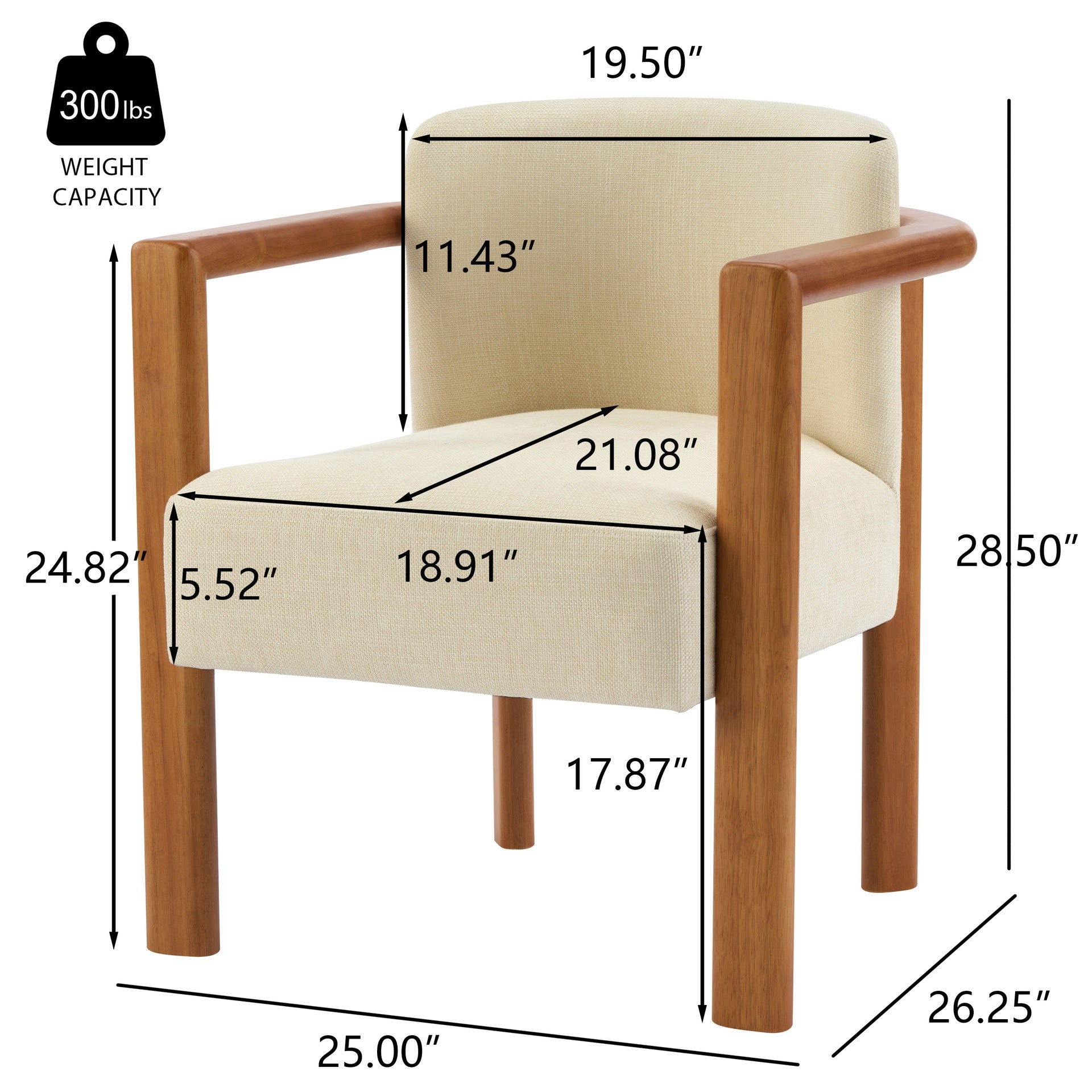 Upholstered Fabric Armchair with Walnut Rubber Wood Frame in Beige (Set of 2)