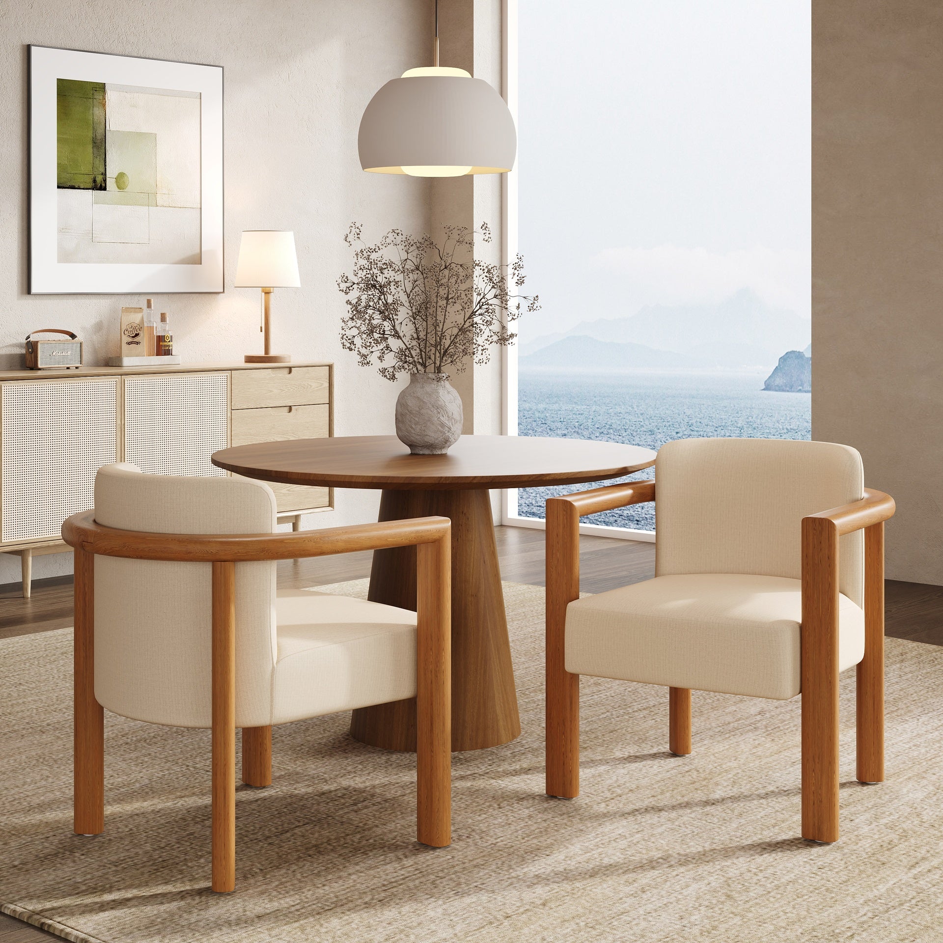 Upholstered Fabric Armchair with Walnut Rubber Wood Frame in Beige (Set of 2)
