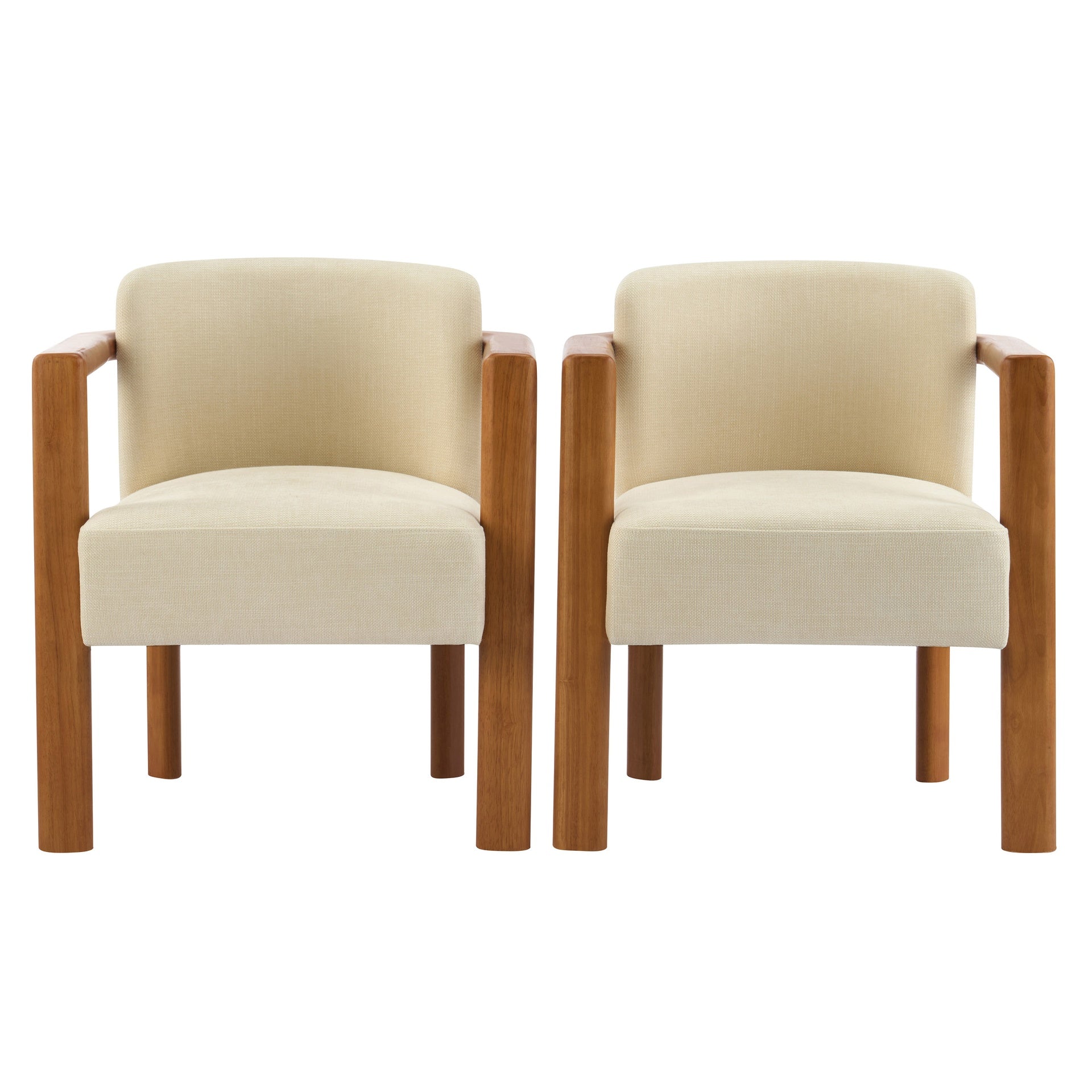 Upholstered Fabric Armchair with Walnut Rubber Wood Frame in Beige (Set of 2)