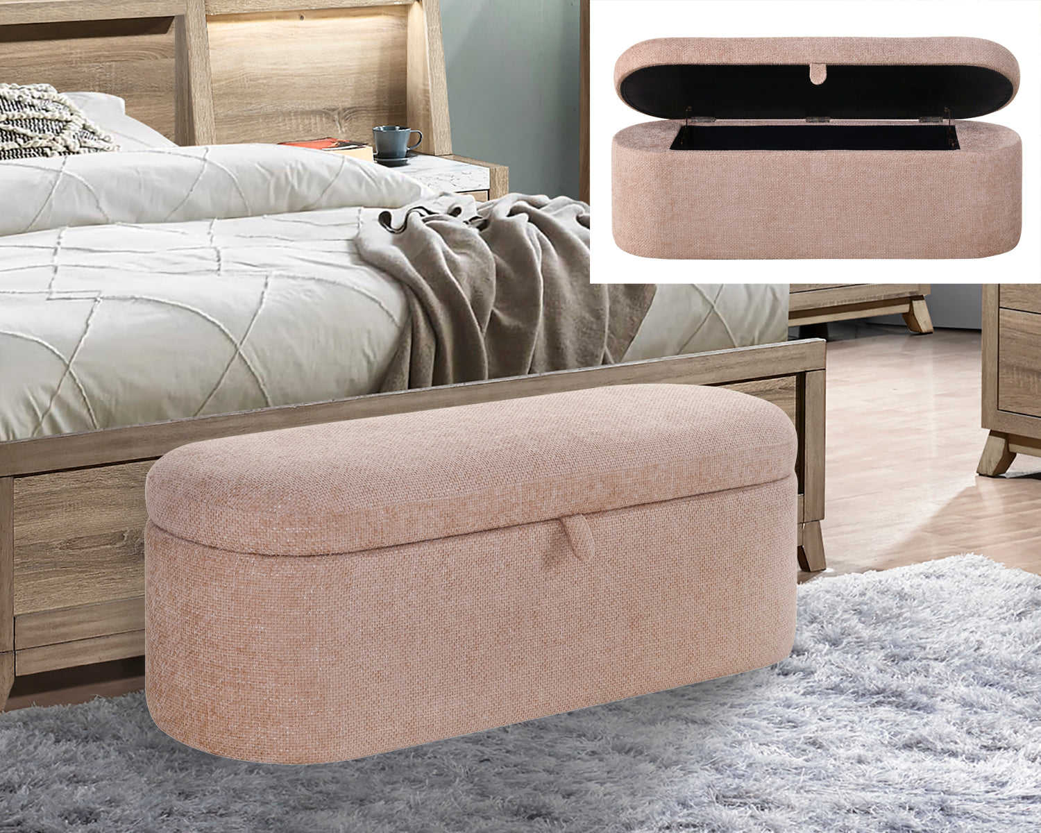 1pc Stylish Functional Storage Bench Spacious Hidden Compartment Cushioned Seat Sturdy Wooden Frame Fabric Upholstery Bedroom Entryway Living Spaces Mauve Tweed