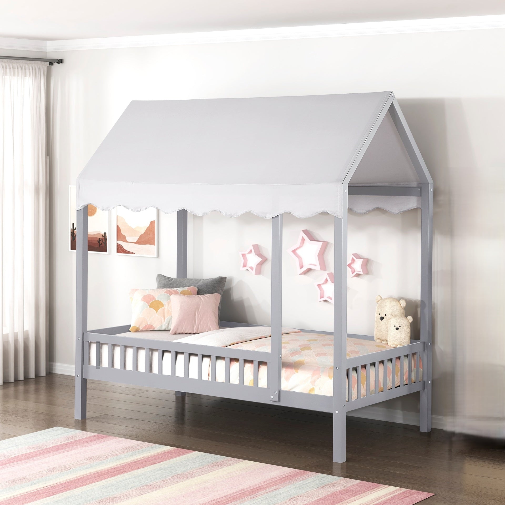 Gray Finish Twin Platform Bed Canopy Fabric Shed Cover Wooden Modern Bedroom Furniture 1pc