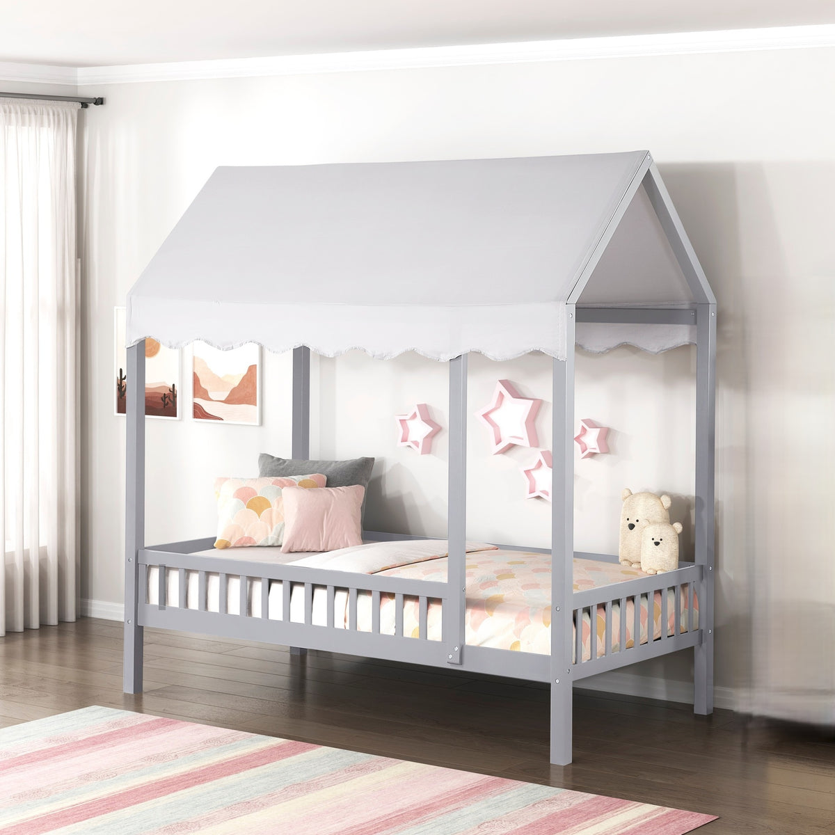 Gray Finish Twin Platform Bed Canopy Fabric Shed Cover Wooden Modern Bedroom Furniture 1pc