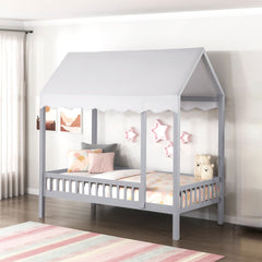 Gray Finish Twin Platform Bed Canopy Fabric Shed Cover Wooden Modern Bedroom Furniture 1pc