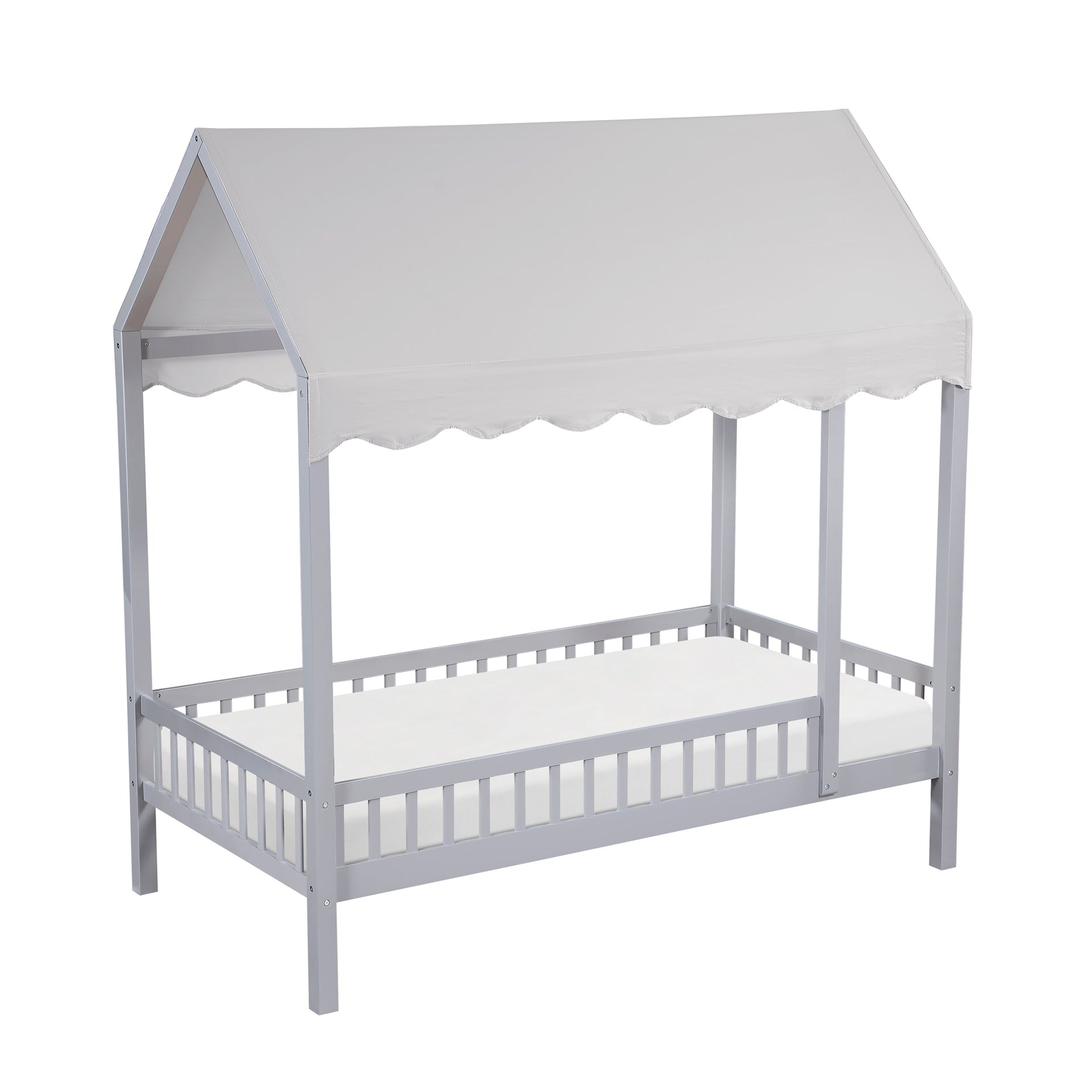 Gray Finish Twin Platform Bed Canopy Fabric Shed Cover Wooden Modern Bedroom Furniture 1pc