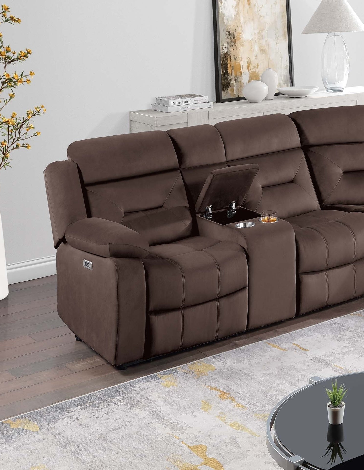 Contemporary Style Power Reclining Sectional Set Two Console Cup Holder Power Motion Chocolate Finish Primary Living Room