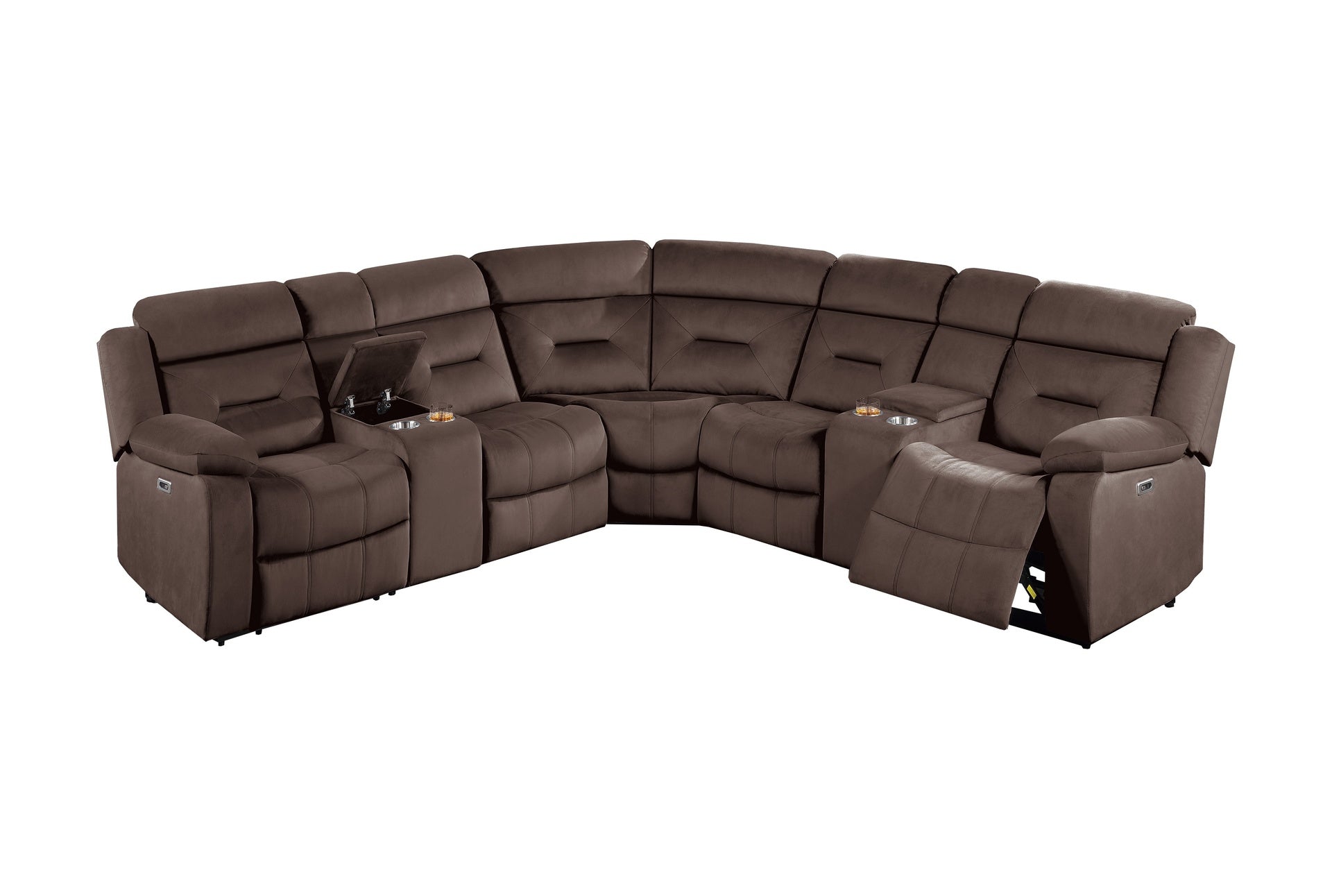 Contemporary Style Power Reclining Sectional Set Two Console Cup Holder Power Motion Chocolate Finish Primary Living Room