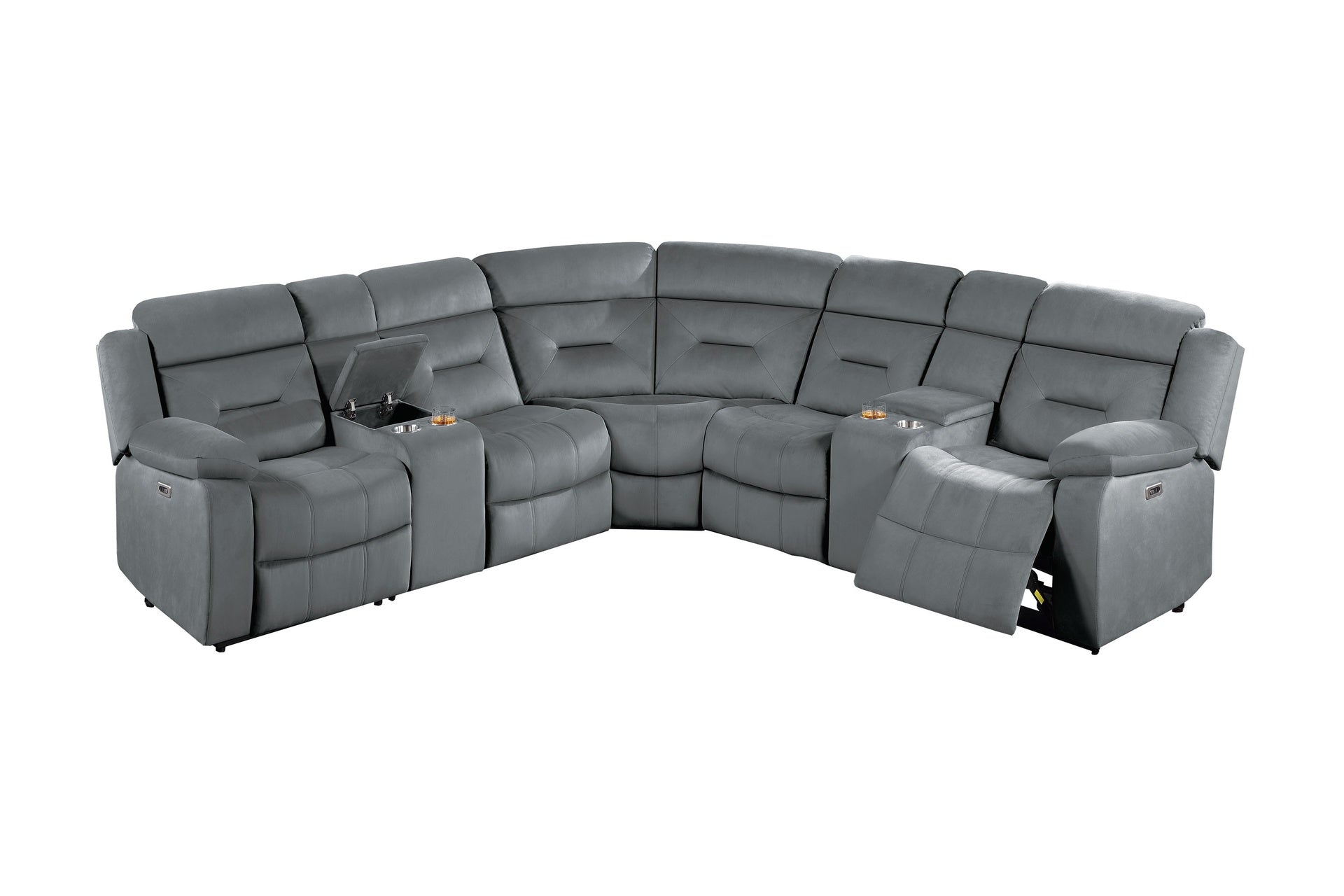 Contemporary Style Power Reclining Sectional Set Two Console Cup Holder Power Motion Dark Gray Finish Primary Living Room