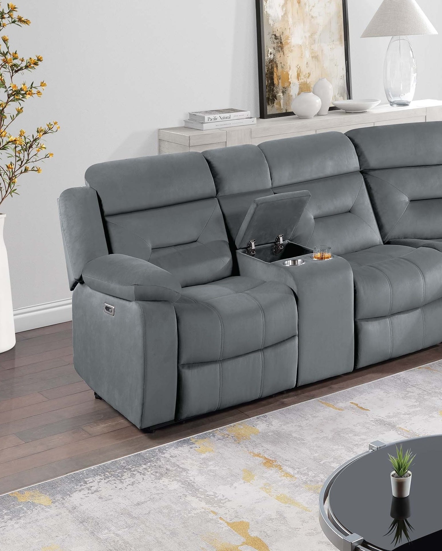 Contemporary Style Power Reclining Sectional Set Two Console Cup Holder Power Motion Dark Gray Finish Primary Living Room