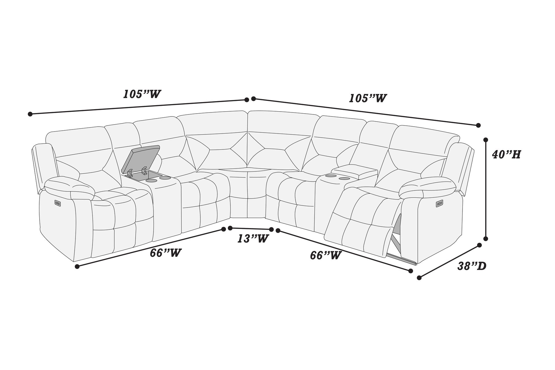 Contemporary Style Power Reclining Sectional Set Two Console Cup Holder Power Motion Dark Gray Finish Primary Living Room