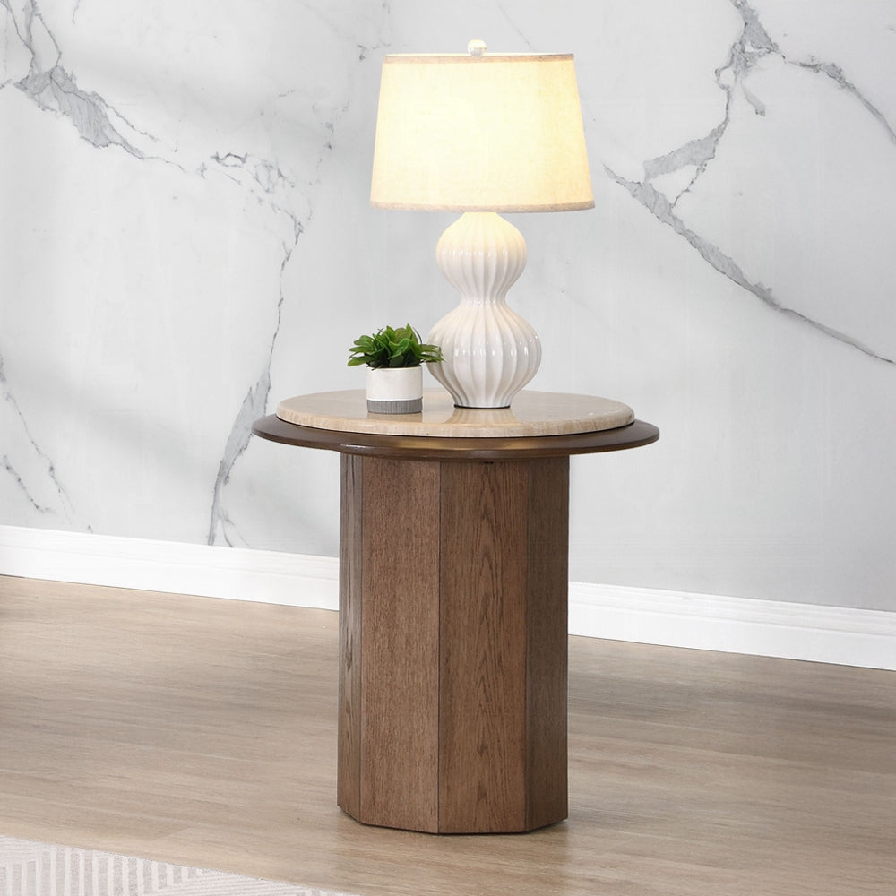 Kasha Travertine Top & Walnut End Table